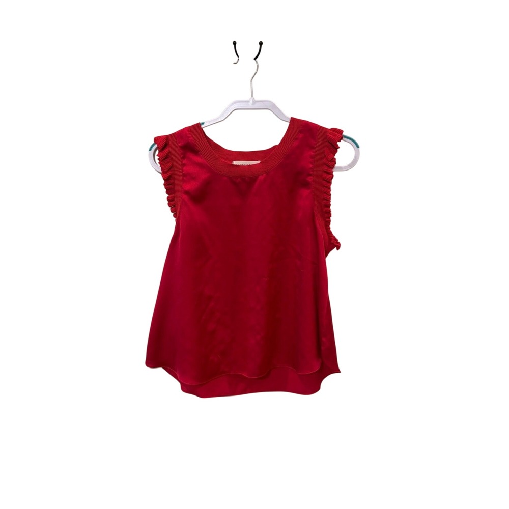Pants Store Womens Red Satin Sleeveless Ruffle Trim Knit Neck Blouse Top Medium